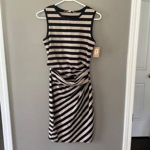 NWT. Rachel Roy Beige Black Striped Ruched Dress. Size S